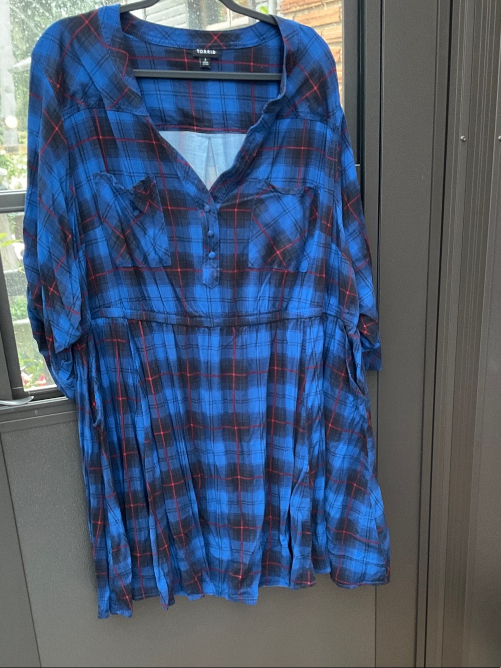 torrid Blue and Black Plaid Button-Front Tunic with Red Accents